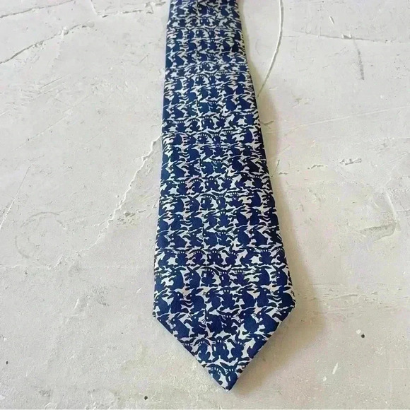 HERMES Men's Necktie Tie Silk High Brand All Over Easter Rabbit Pattern Blue - Picture 10 of 11